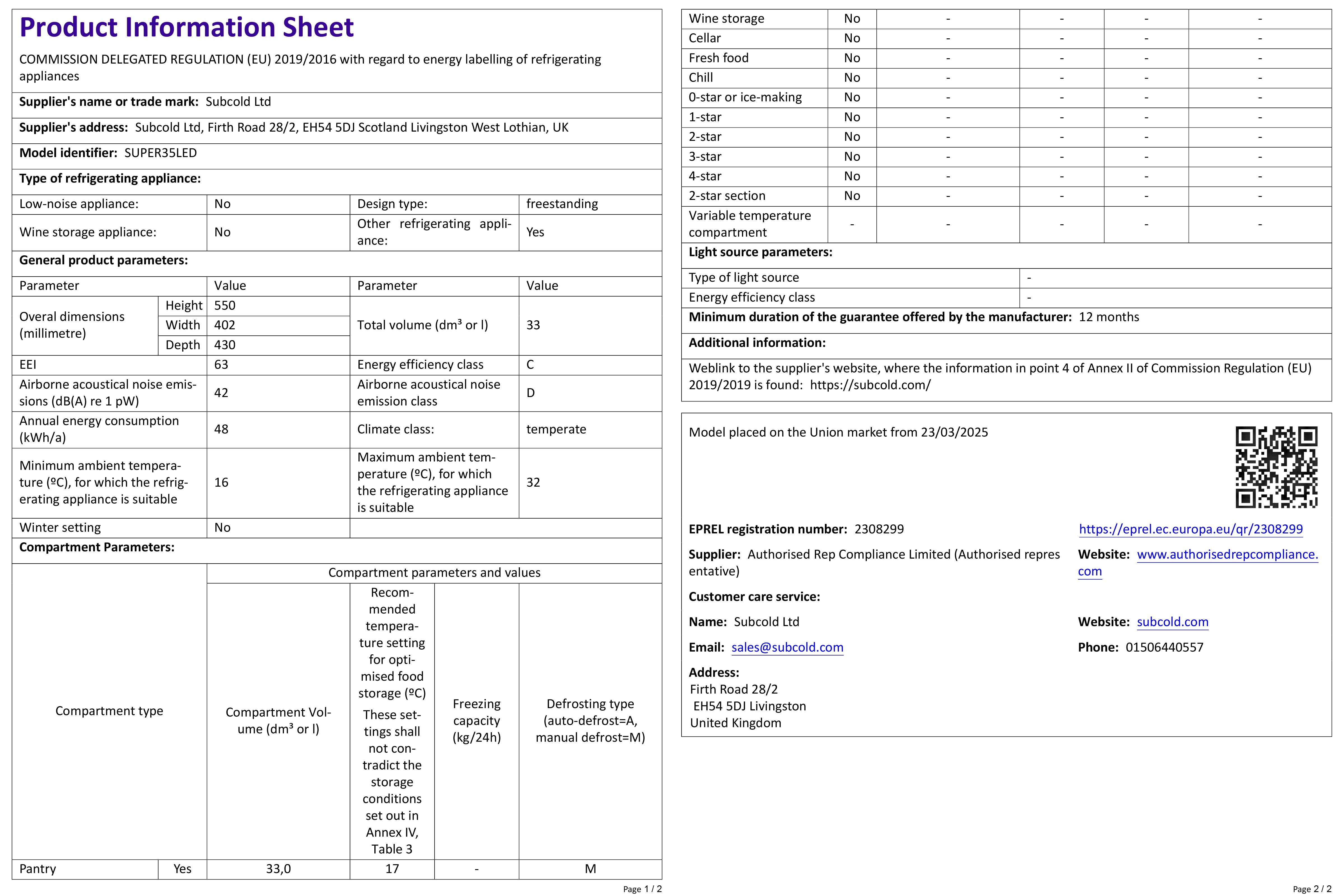 Subcold Super 35 LED Beer Fridge - Black | Refurbished