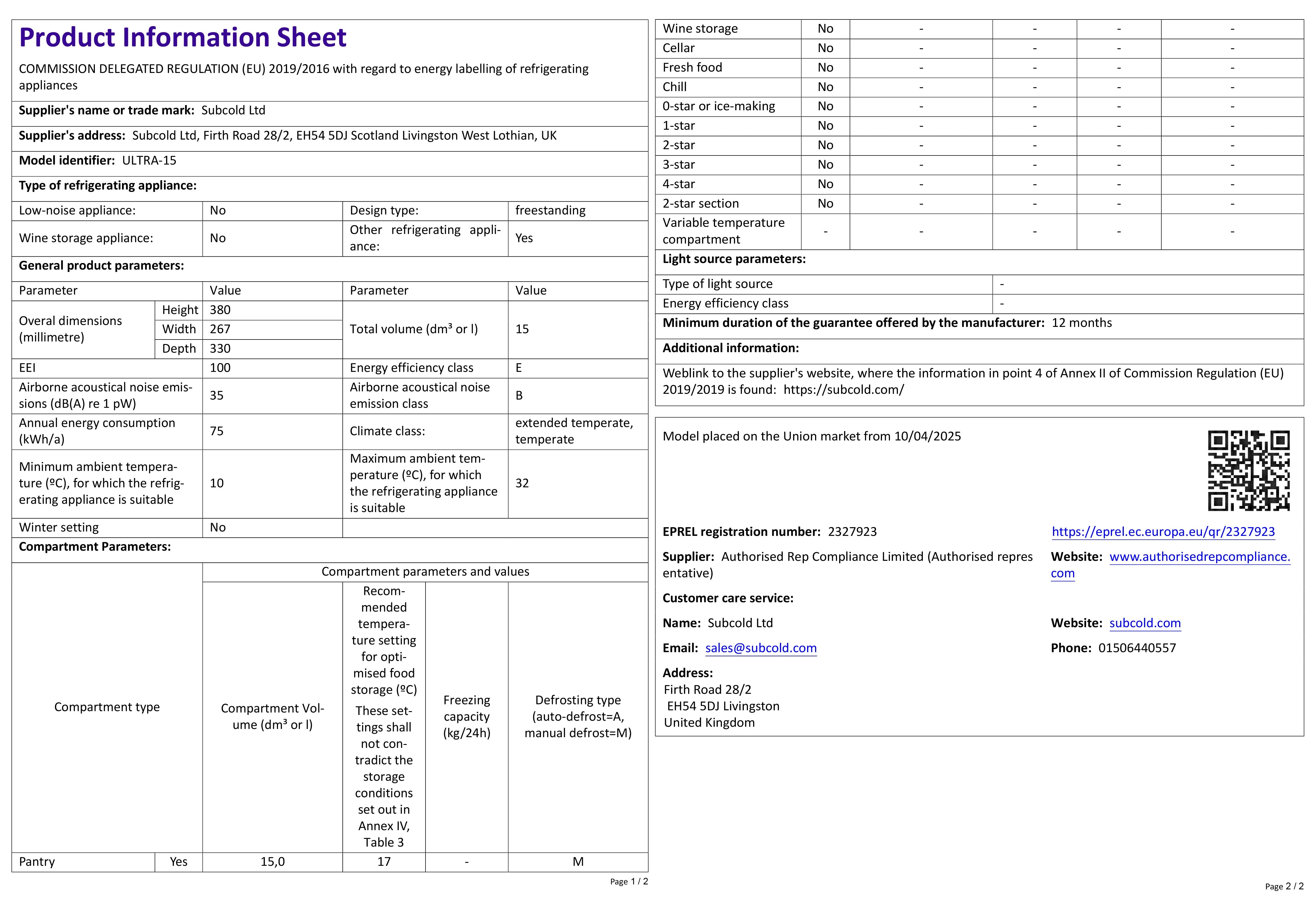 Subcold Ultra 15L Mini Fridge - White | Refurbished